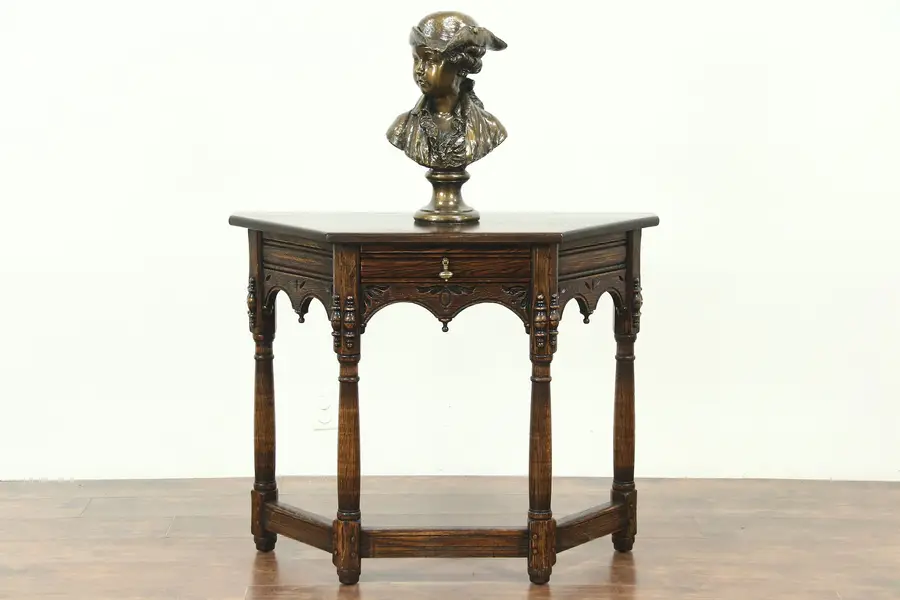 Photo of English Tudor Style Oak Antique Hall Console Table circa 1925