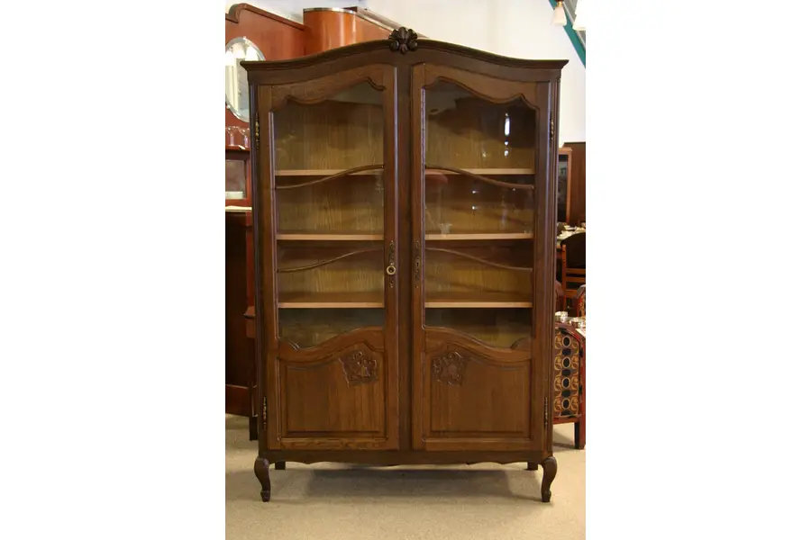 Photo of Country French Carved Oak Bookcase, Glass Doors