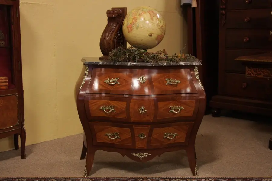 Photo of Bombe French Marquetry Marble Top Chest or Dresser