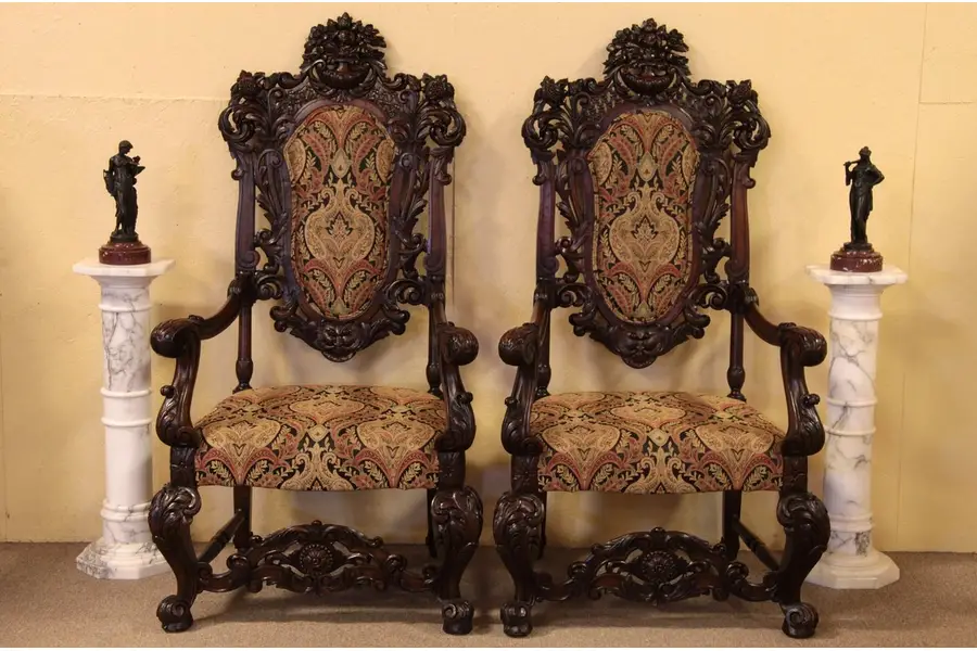 Photo of Pair of Carved Antique Throne or Hall Chairs