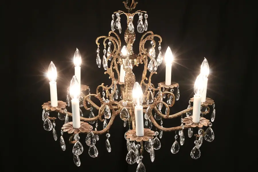 Photo of Chandelier, Vintage 8 Candles, Embossed Dark Brass, Cut Prisms