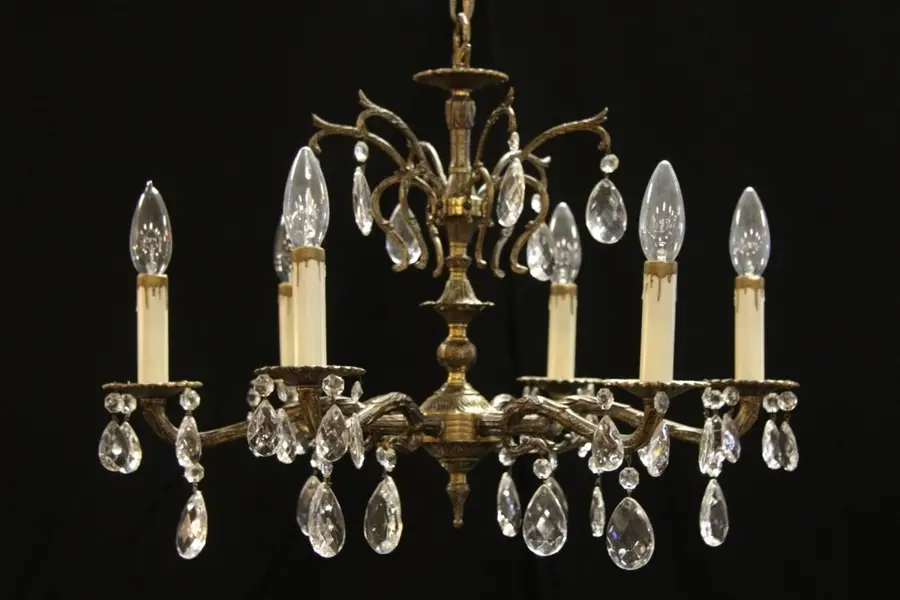 Photo of 6 Candle Brass Chandelier with Cut Crystal Prisms
