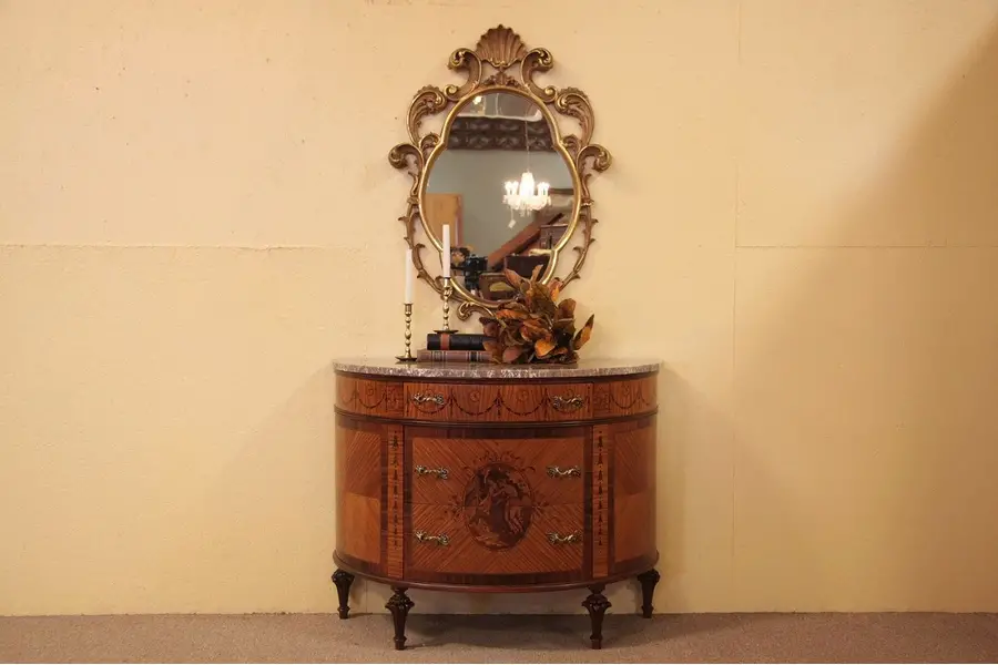 Photo of Marble Top Demilune Marquetry Cabinet