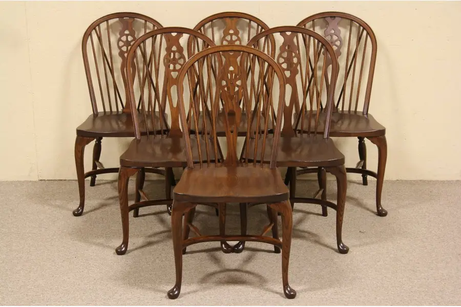 Photo of Set of 6 Carved Oak Windsor Dining Chairs