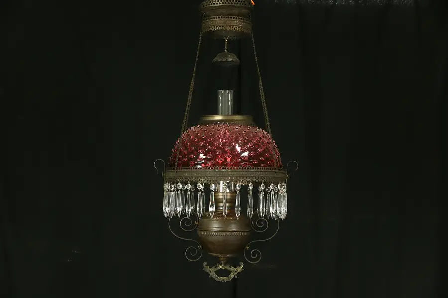 Photo of Victorian 1880's Antique Cranberry Hobnail Shade Hanging Oil Lamp