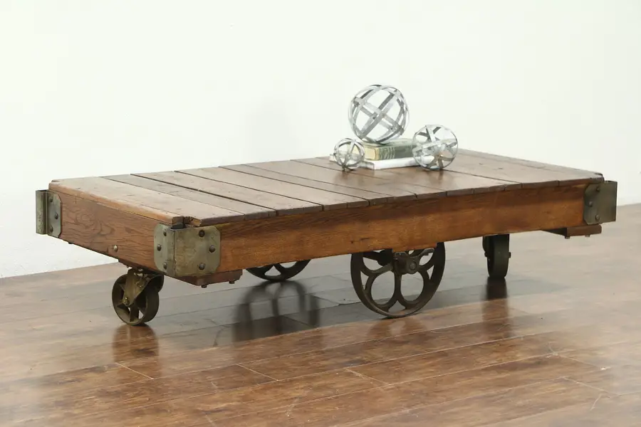 Photo of Industrial Salvage Vintage Cart or Trolley, Iron Wheels, Coffee Table