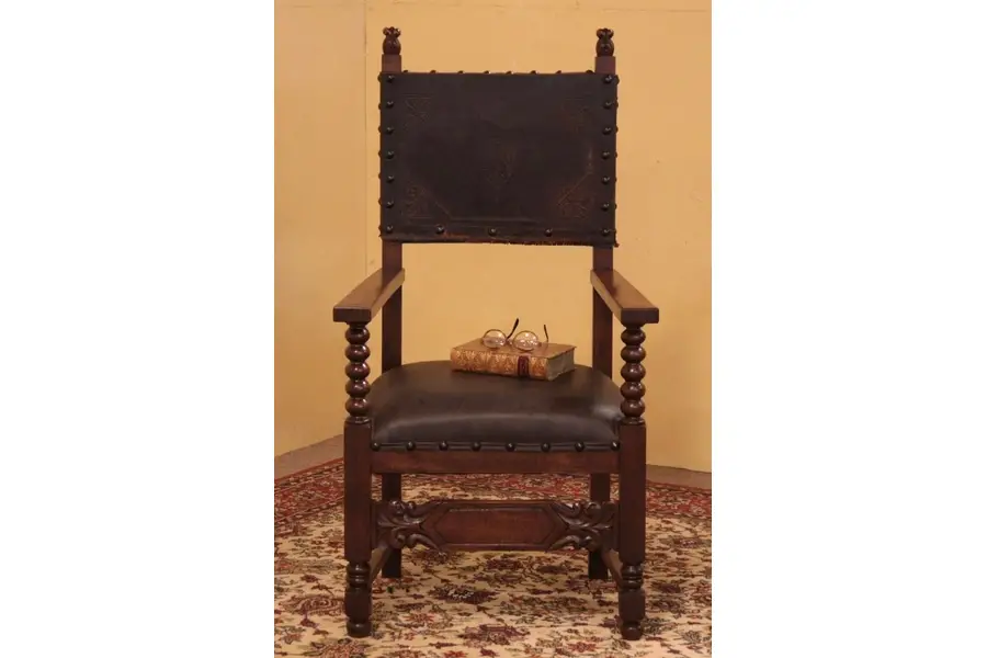 Photo of Renaissance Carved Antique Leather Hall Throne Chair