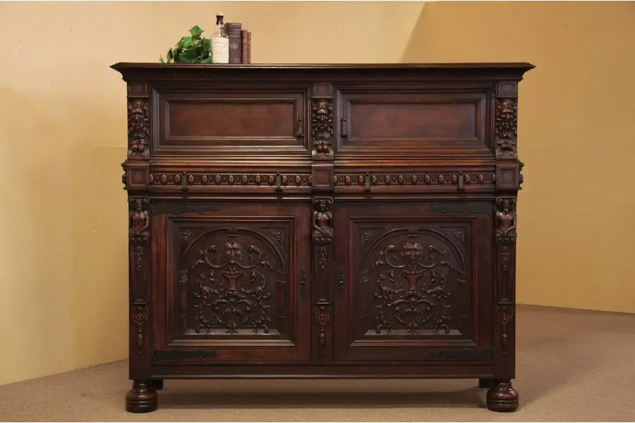 Photo of Carved Oak Cabinet, Heads & Figures