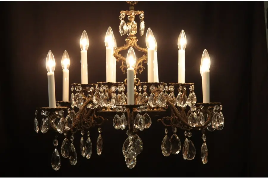Photo of Oval Brass Chandelier, 12 Candles & Prisms