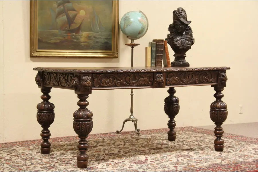 Photo of Lion Carved 1885 Oak Library Table Writing Desk