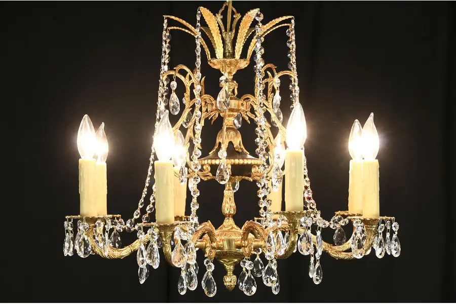 Photo of Regency Gold Plated 8 Candle Vintage Chandelier, European Cut Prisms