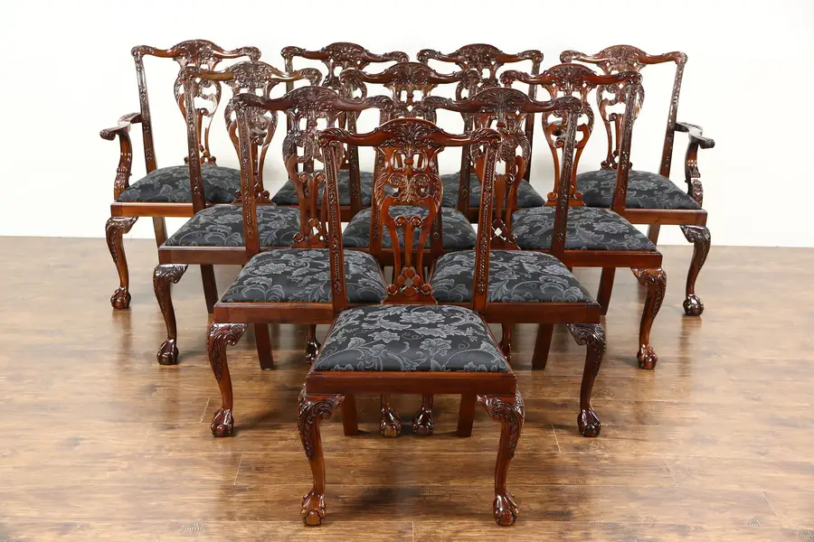 Photo of Set of 10 Georgian Chippendale Style Carved Mahogany Dining Chairs, Claw & Ball