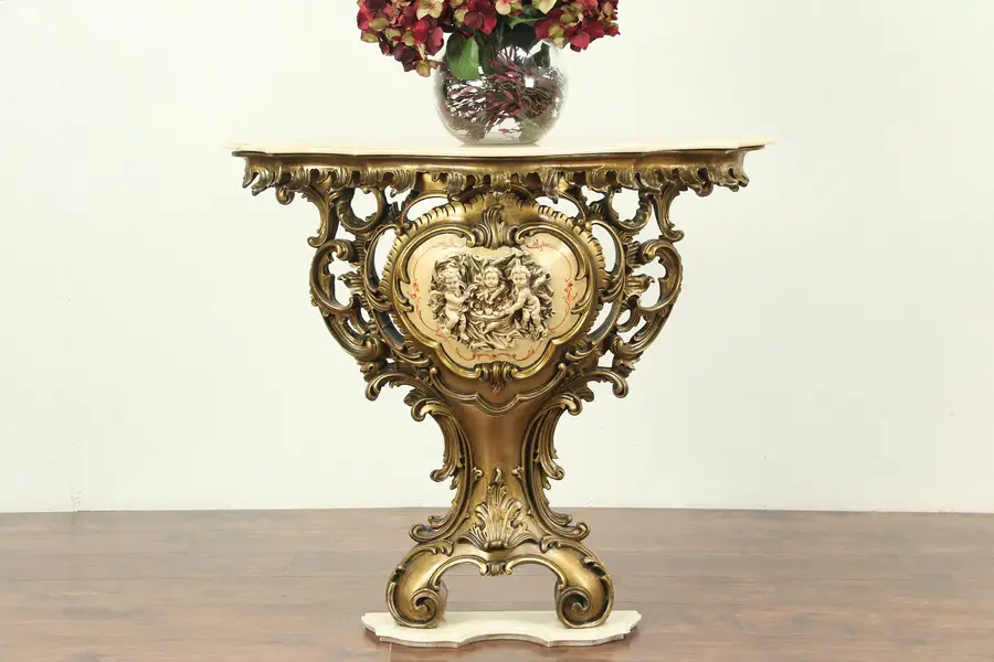 Photo of Baroque Marble Vintage Hall Console Table, Cherub Sculptures, Italy
