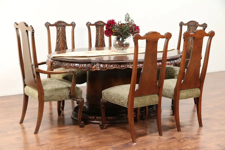 Photo of Romweber Louis XV Carved de Gaulle Dining Set, Table, 2 Leaves, 6 Chairs