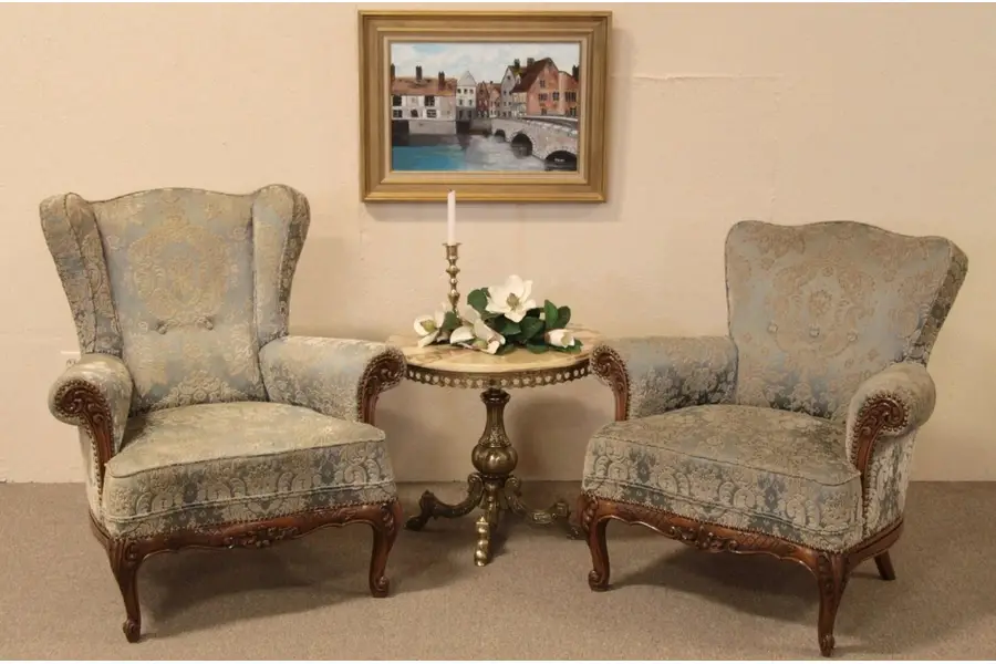 Photo of Pair of Carved Vintage Arm and Wingchair