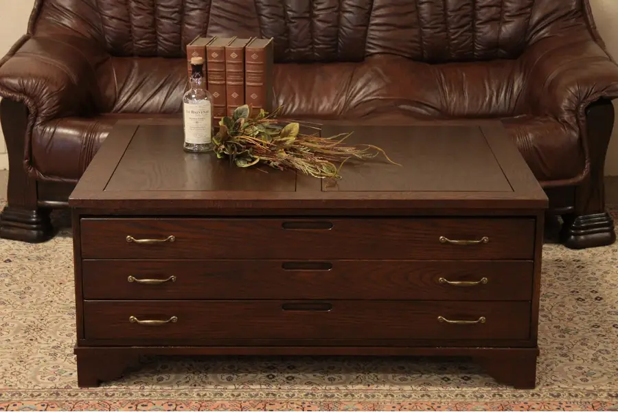 Photo of Oak Map Chest or Document File Coffee Table