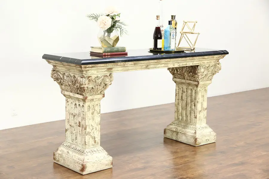 Photo of Marble Top Hall Console or Sofa Table, Classical Faux Stone Base