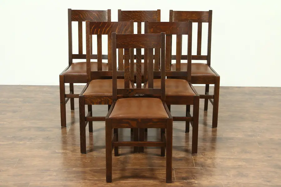 Photo of Set of 6 Arts & Crafts Mission Oak Antique Craftsman Dining Chairs Leather Seats