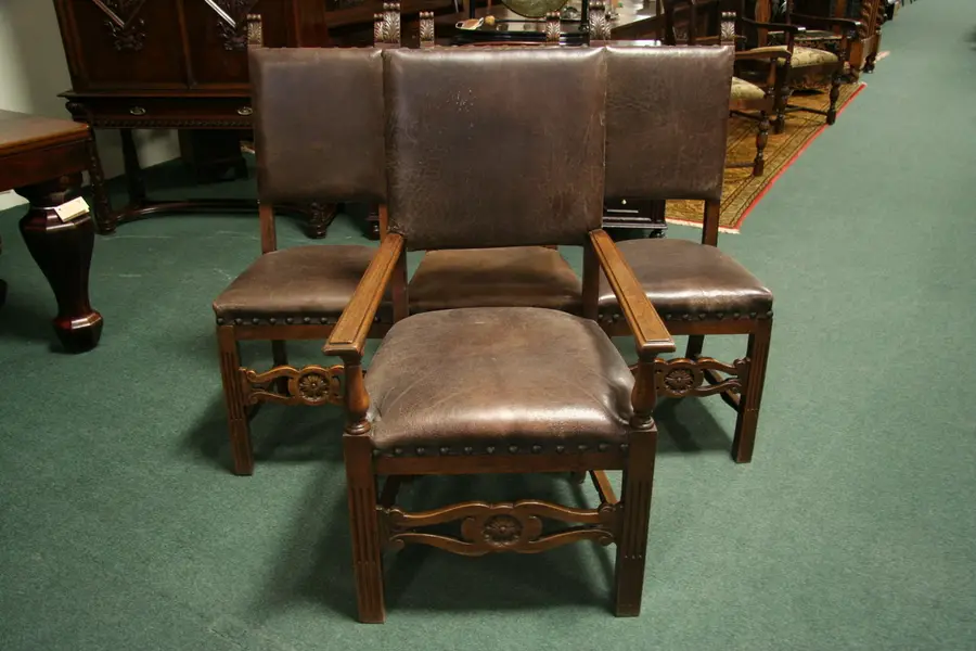 Photo of Set of 4 Walnut and Leather Italian 1900's Chairs