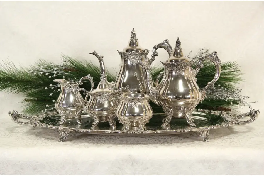 Photo of Wallace Baroque Silverplate 6 Pc Coffee & Tea Service, Large Tray