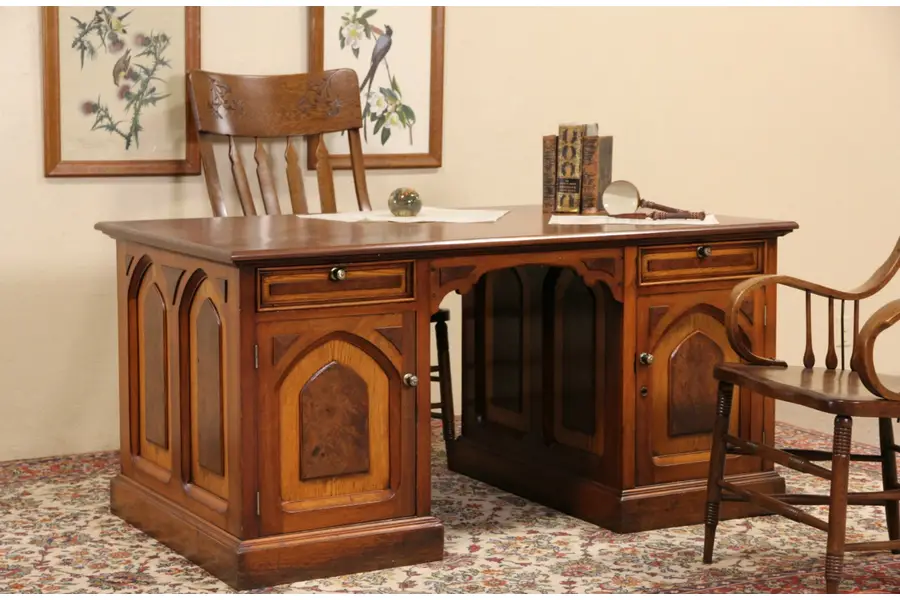 Photo of Victorian Gothic 1870's Antique Partner Desk, Walnut, Chestnut & Burl