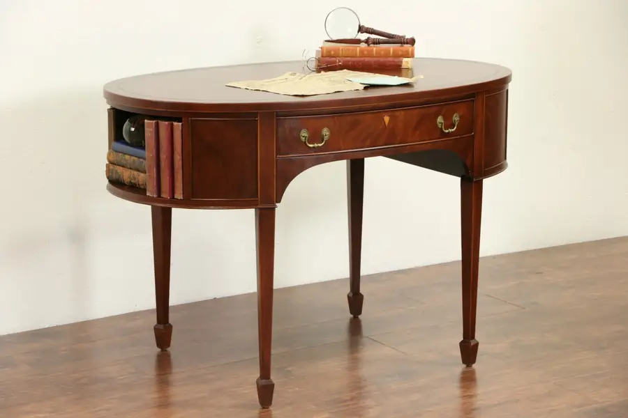 Photo of Georgian Oval 1940's Vintage Writing Desk or Library Table, Leather Top