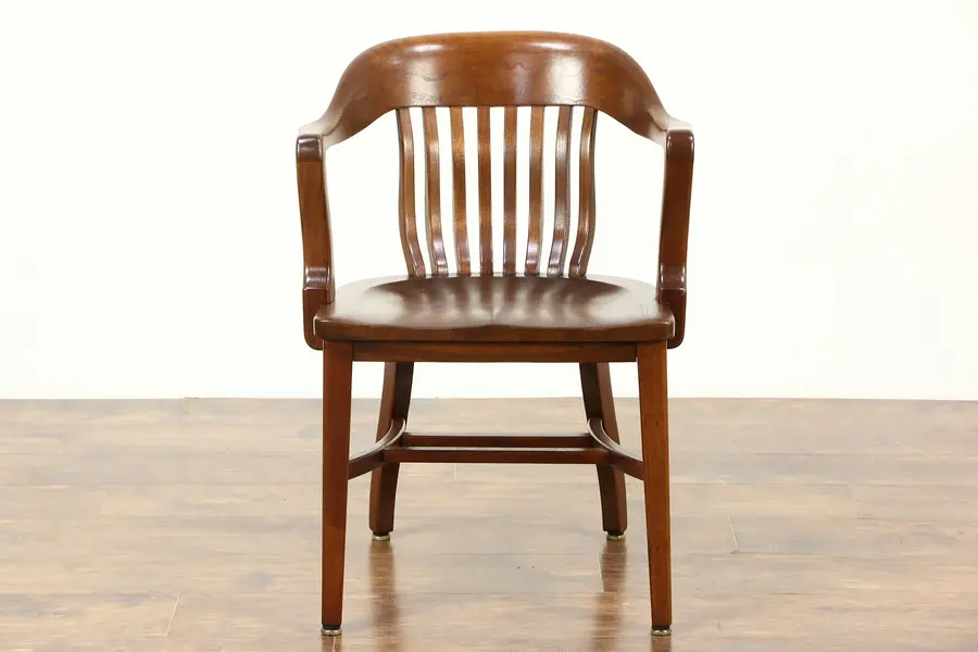 Photo of Walnut 1920 Antique Curved Back Banker, Office or Library Chair, 32" Tall