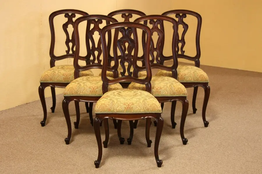 Photo of Set of 6 Carved Walnut Antique French Dining Chairs