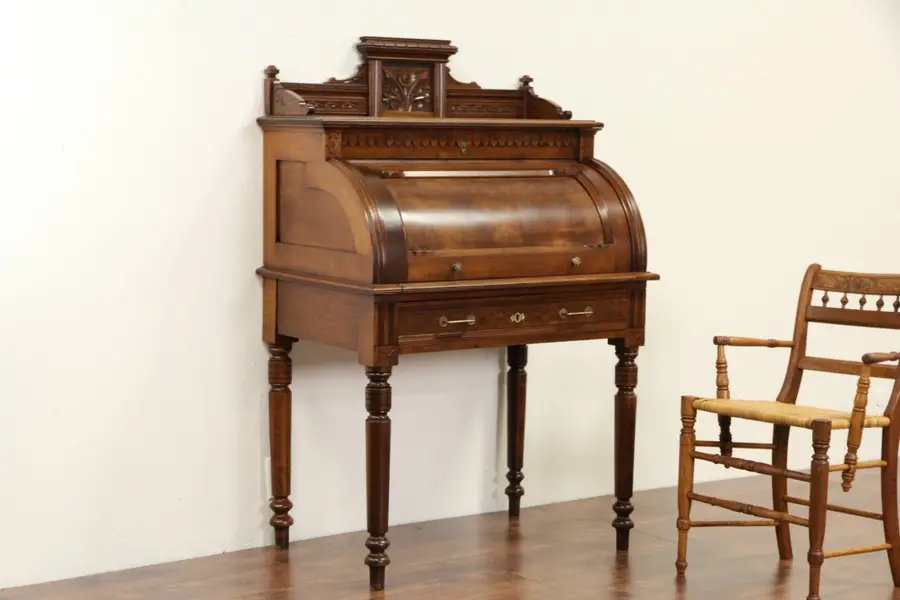 Photo of Victorian 1870 Antique Carved Walnut Cylinder Roll Top Desk