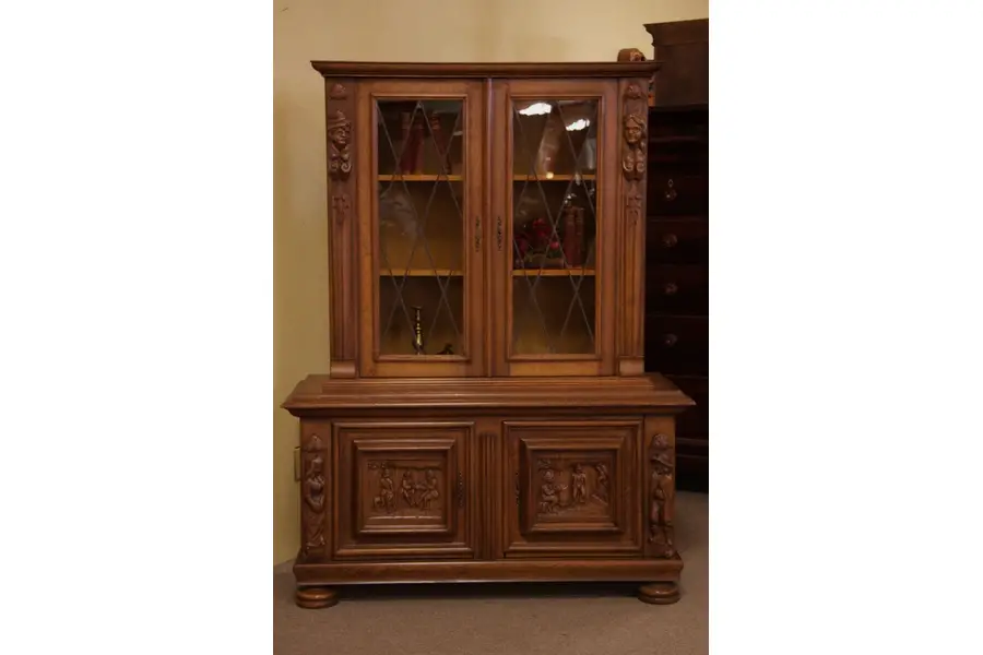 Photo of Renaissance Oak China Cabinet, Carved Figures
