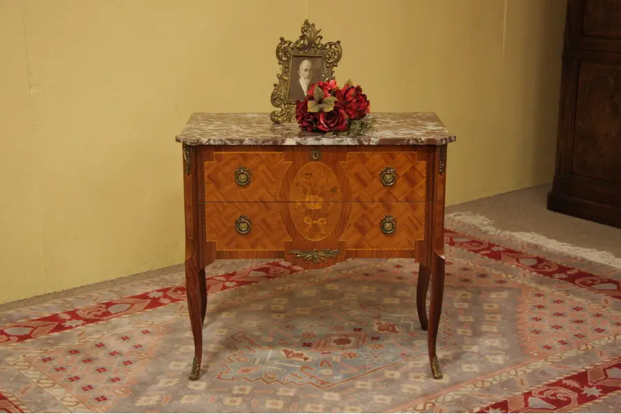 Photo of French Marble Top Chest, Mahogany Rosewood Marquetry