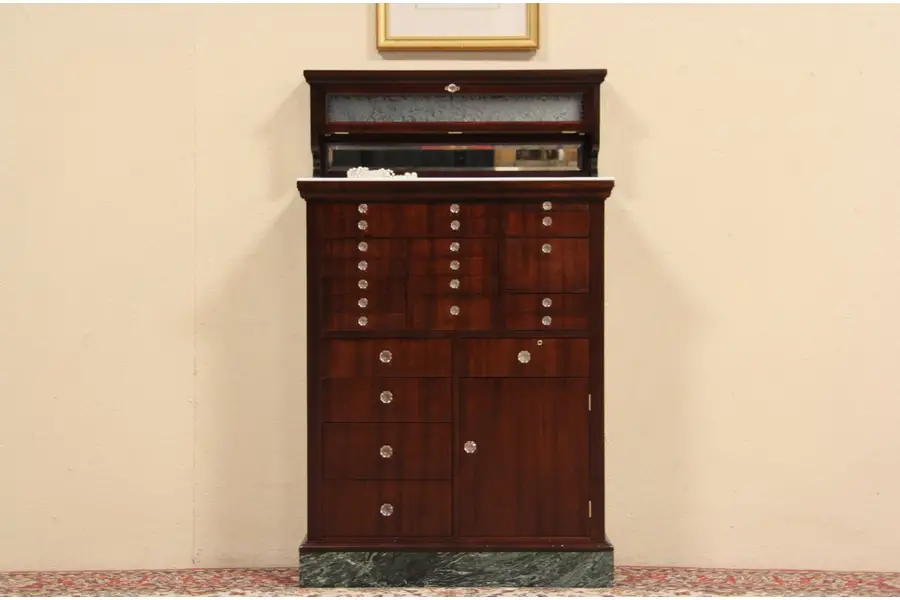 Photo of Dentist Antique 1910 Mahogany 21 Drawer Dental Cabinet, Marble Base
