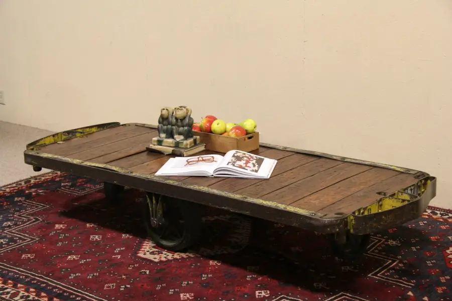 Photo of Industrial Salvage 1920 Factory Cart, Oak & Iron, Rubber Wheels, 7' Long