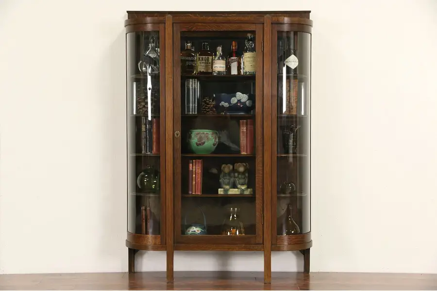 Photo of Arts & Crafts Mission Oak 1900 Antique Curved Glass China or Curio Cabinet