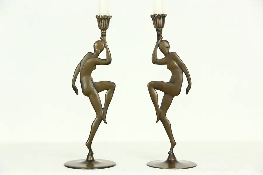 Photo of Pair 1930's Bronze Nude Dancer Vintage Candlesticks