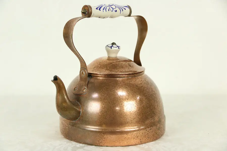 Photo of Copper Hand Painted Porcelain Handle Tea Kettle, Made in Portugal