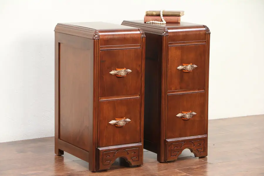 Photo of Pair of Art Deco Waterfall 1930 Vintage Nightstands, Bakelite Pulls