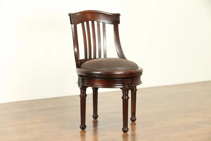 Photo of Swivel Antique Mahogany Desk Chair, Leather Seat, Signed Hale NY