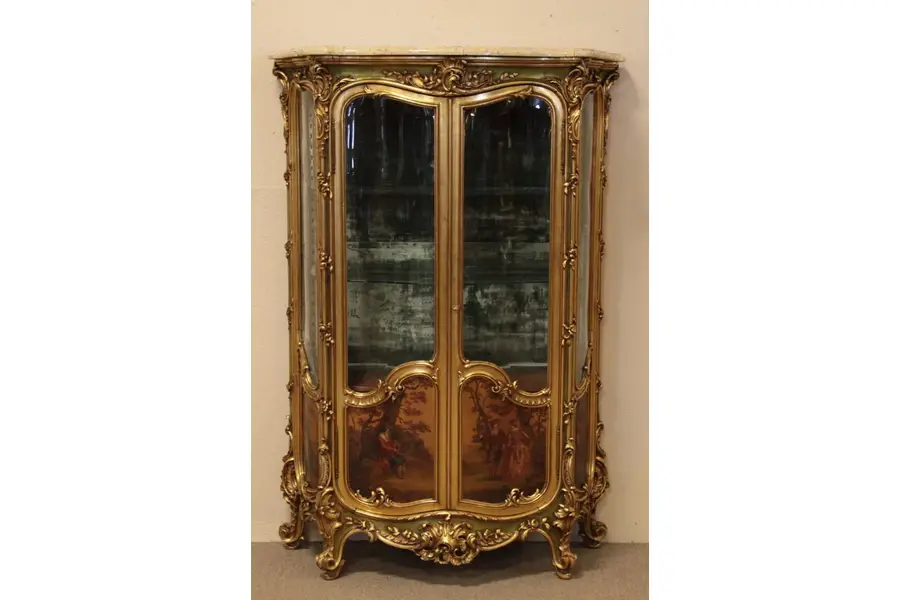 Photo of French Curved Glass Gold Hand-painted Curio Cabinet