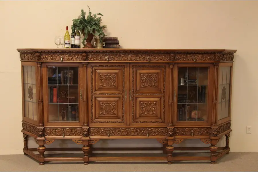 Photo of Carved Oak 10' Bar or China Cabinet, Leaded Glass