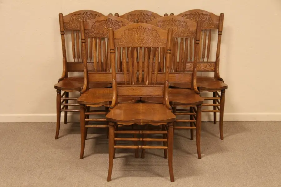 Photo of Set of 6 Northwind Carved Oak Dining Chairs