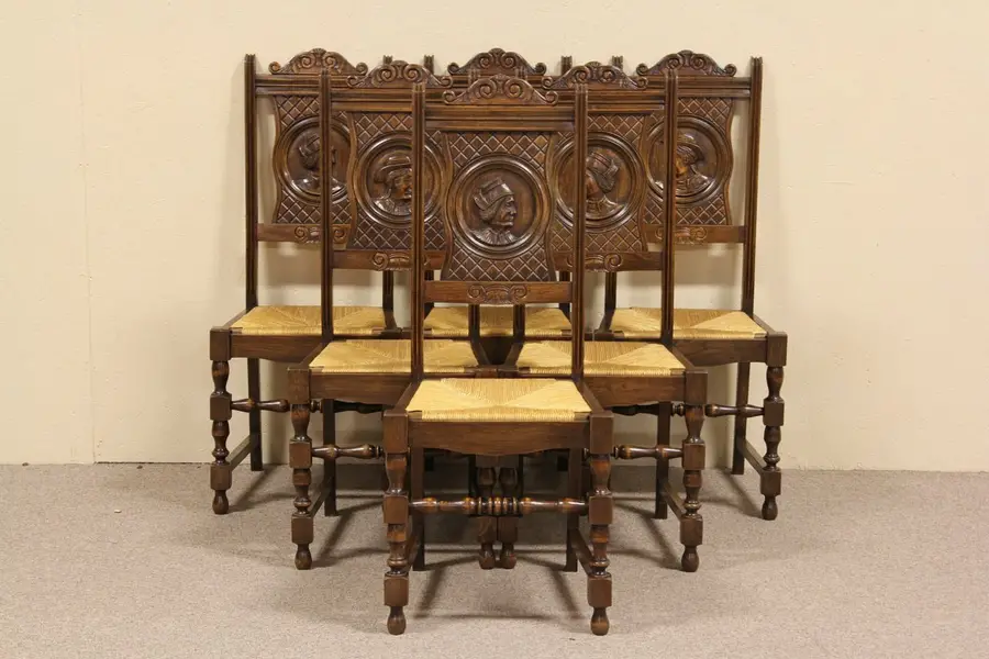 Brittany Set of 6 Dining Chairs, Carved Portraits