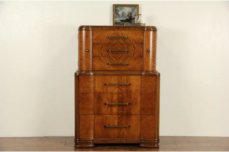 Photo of Waterfall Art Deco 1940 Vintage Tall Chest or Highboy Dresser
