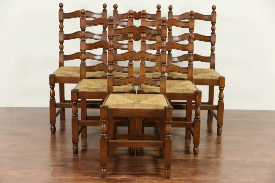 Photo of Set of 6 Scandinavian Country 1920's Antique Oak Dining Chairs, Rush Seats