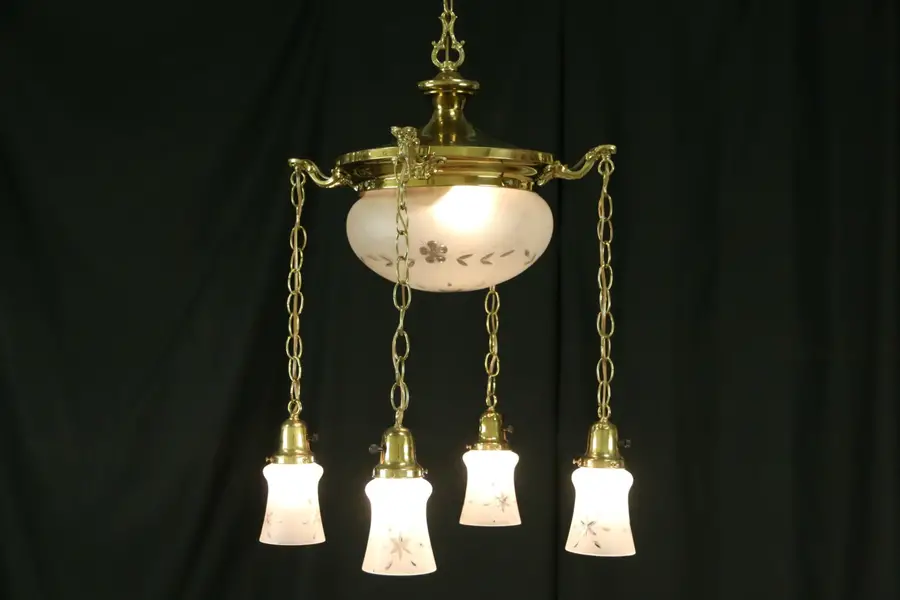 Photo of Brass 1910 Antique Ceiling Light Fixture, 5 Cut Glass Shades