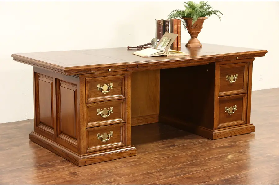 Photo of Oak Vintage Paneled Executive or Library Desk, Signed Alex Stewart