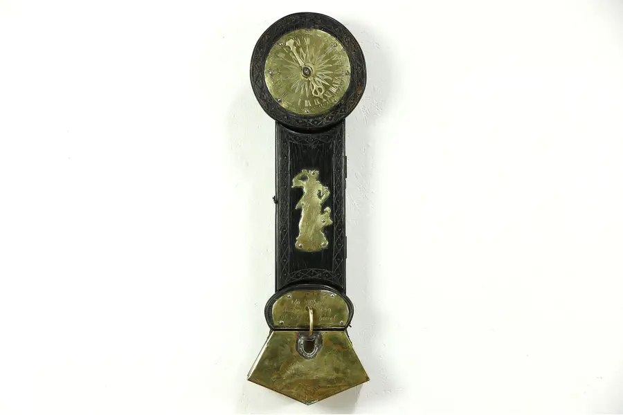 Photo of English Antique Oak & Brass Water Clock, Signed & Dated 1659
