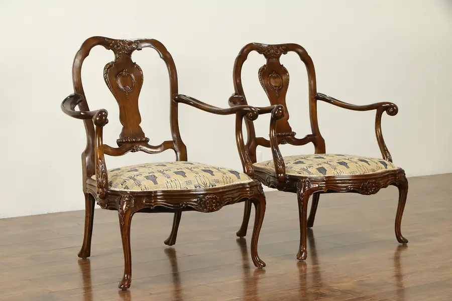 Photo of Pair of French Carved Antique Beech Chairs, Upholstered Seats