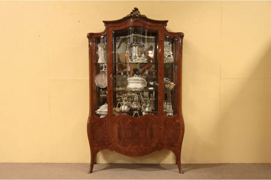Photo of Marquetry Curved Glass Curio China Cabinet