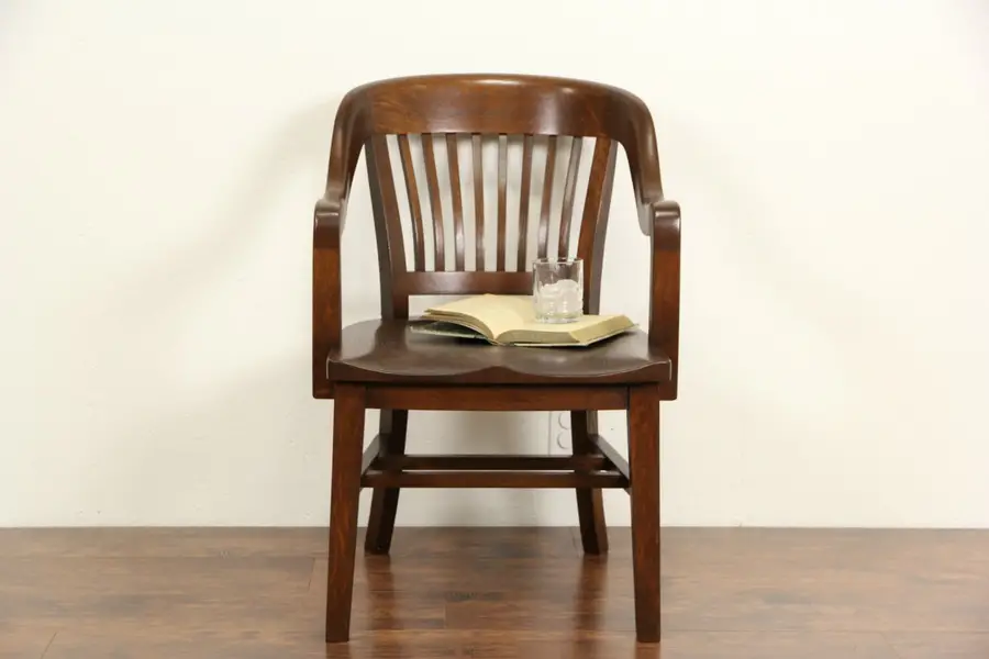 Photo of Oak 1910 Antique Banker Office or Desk Chair, Signed Milwaukee